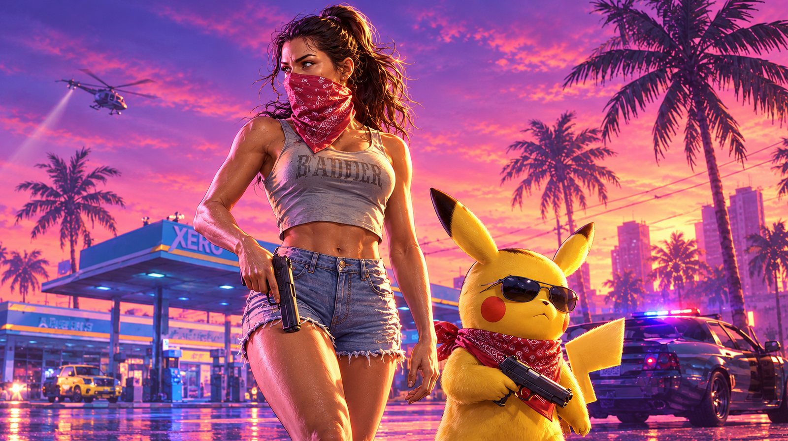 She and her yellow partner in crime at a gas station under a pink sunset